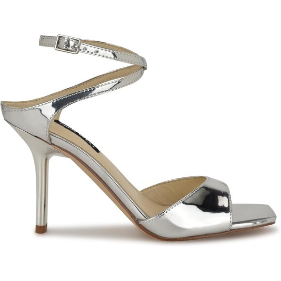 Nine West Women Silver Mirror Metallic Faux Leather Open Squared Toe Heel Sandal - Picture 6 of 6